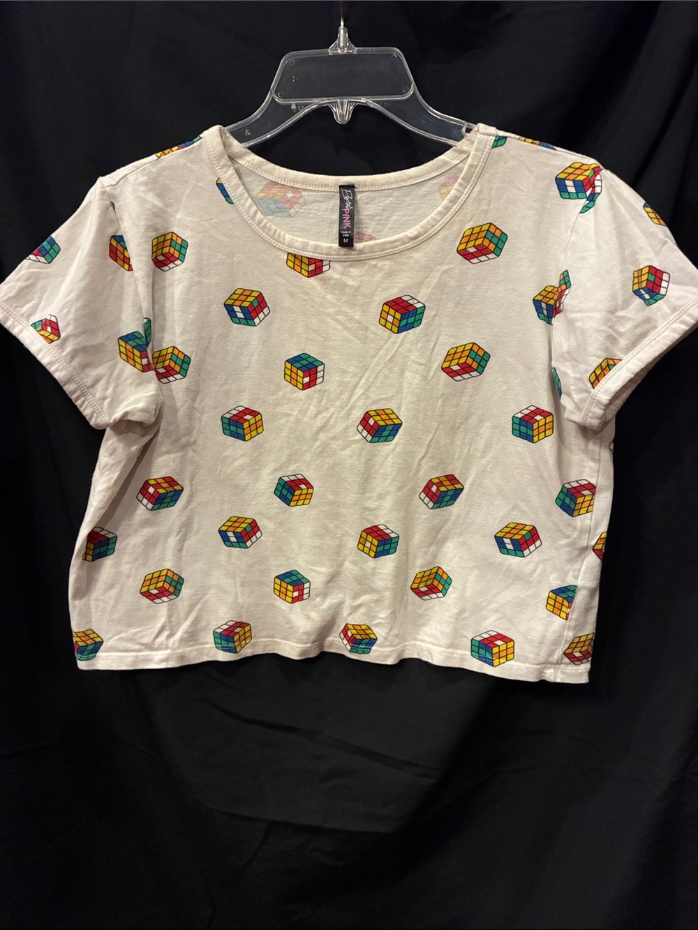 Medium Electric Pink White Crop Tee with Multicolor Rubik Cube Pattern
